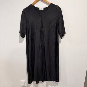 TrueBrowns Women Medium Black Silk Blend Midi Shirt Dress V-neck Lagenlook Layer